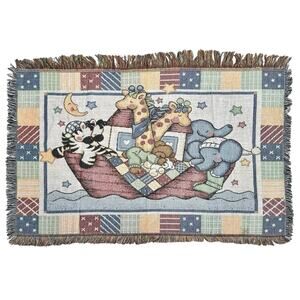 Noah’s Ark Biblical Vintage Baby Tapestry Yarn Woven Fringe Afghan Throw Blanket